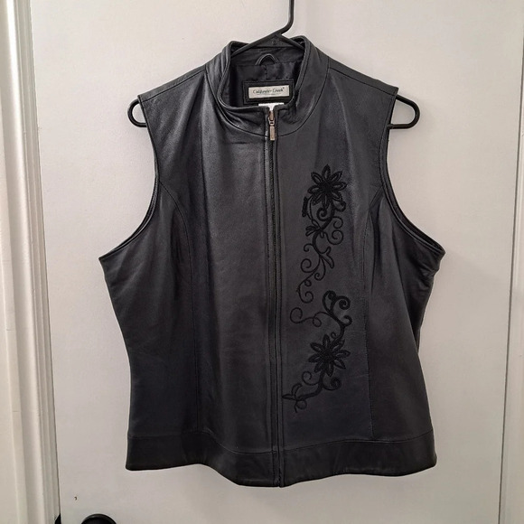 Genuine Black Leather Womens Zip Up Embroidered Vest Jacket Coldwater Size Large - Picture 2 of 8